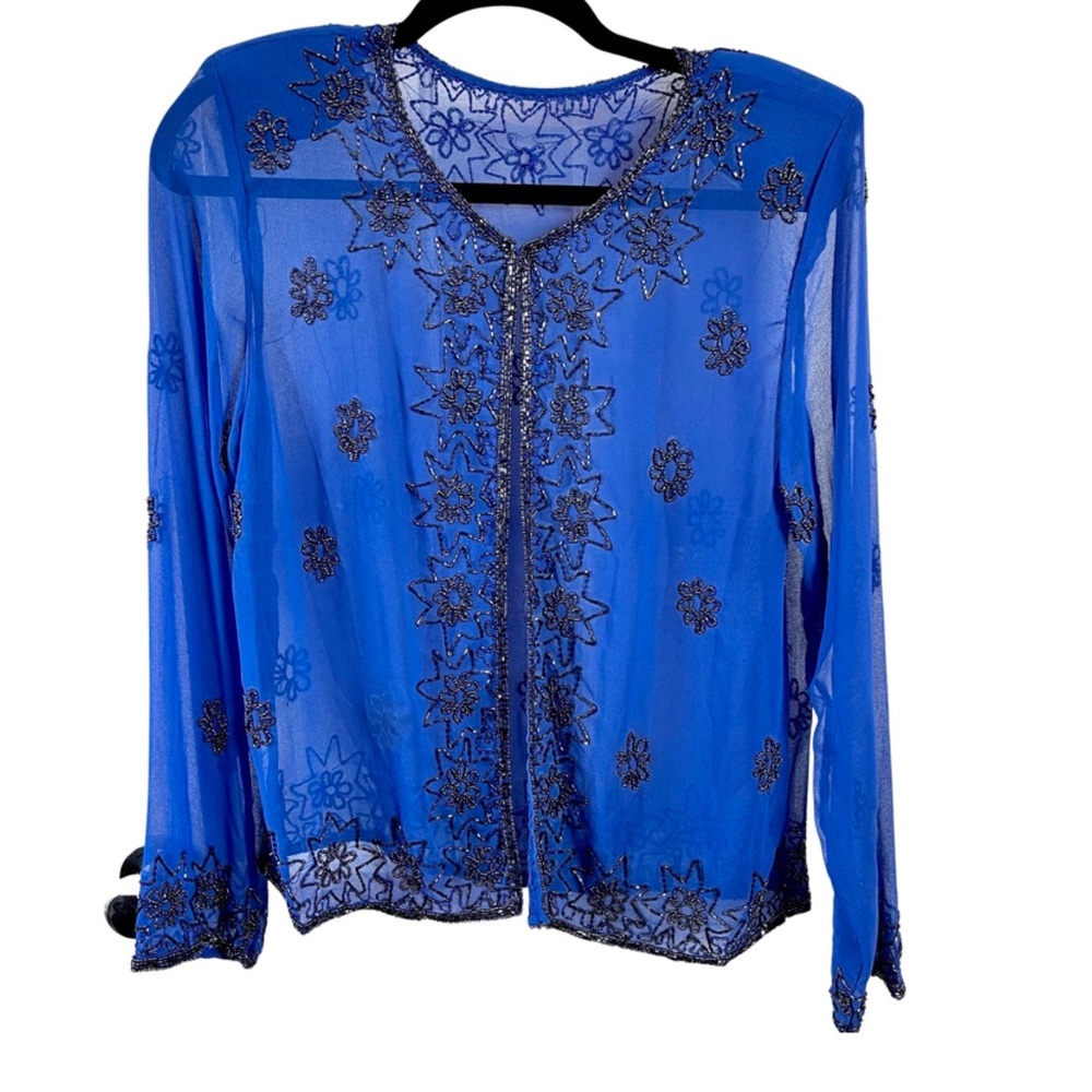 Ladies vintage formal beaded chiffon jacket size XS/ S in EUC blue
